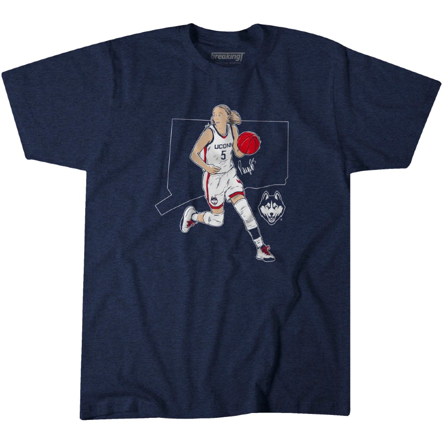 UConn Basketball Paige Bueckers Super Star Pose T-Shirt - Navy color on a white background.