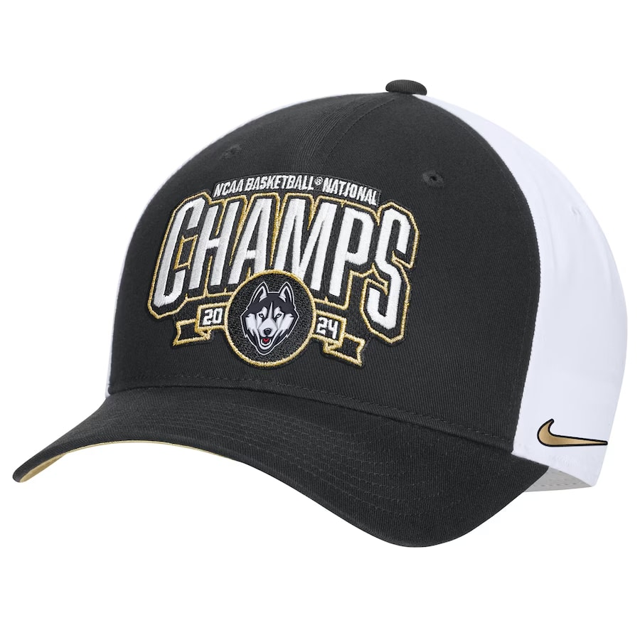 UConn Huskies Nike 2024 NCAA Men's Basketball National Champions Locker Room Classic 99 Adjustable Hat – Black color on a white background.