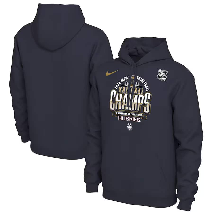 UConn Huskies Nike 2024 NCAA Men's Basketball National Champions Locker Room Pullover Hoodie - Navy color on a white background.