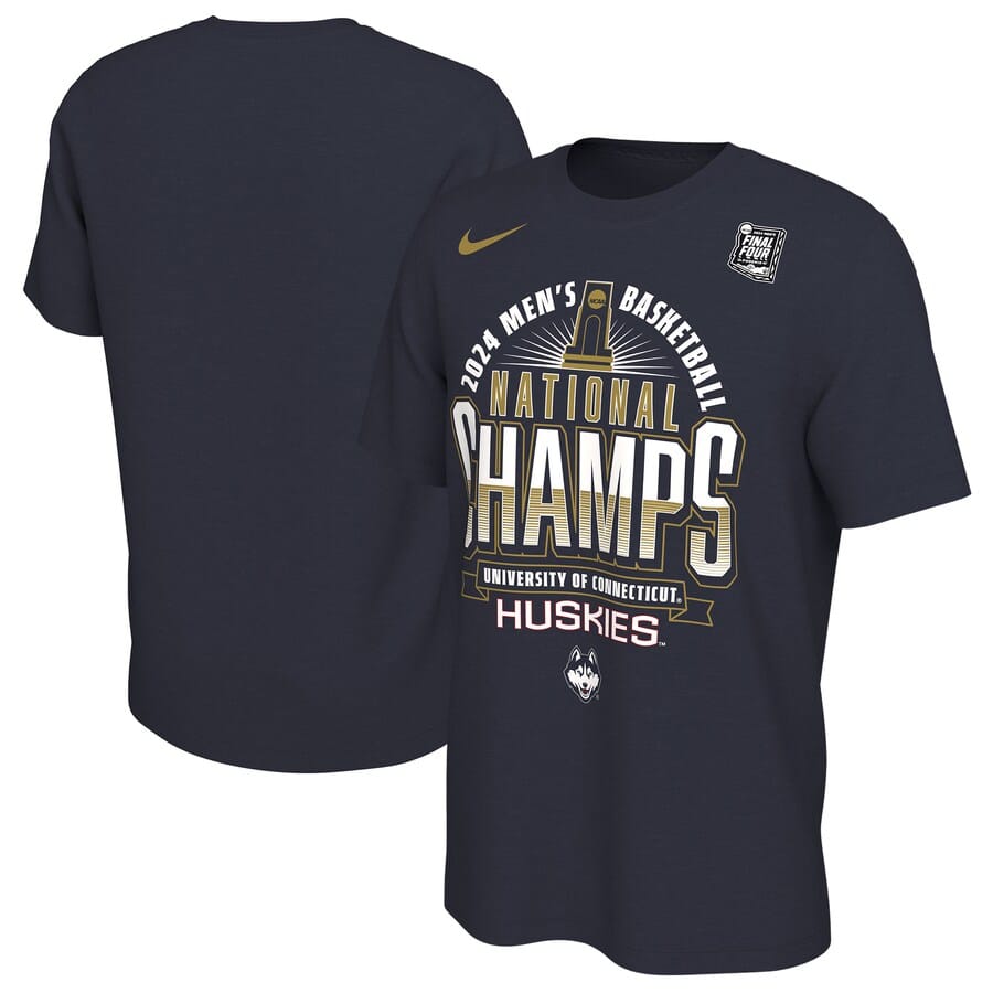 UConn Huskies Nike 2024 NCAA Men's Basketball National Champions Locker Room T-Shirt - Navy color on a white background.