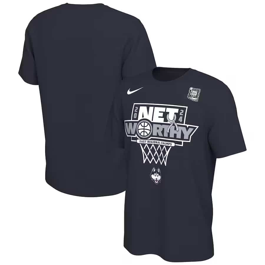 UConn Huskies Nike Unisex 2024 NCAA Men's Basketball Tournament March Madness Final Four Locker Room T-Shirt - Navy color on a white background.