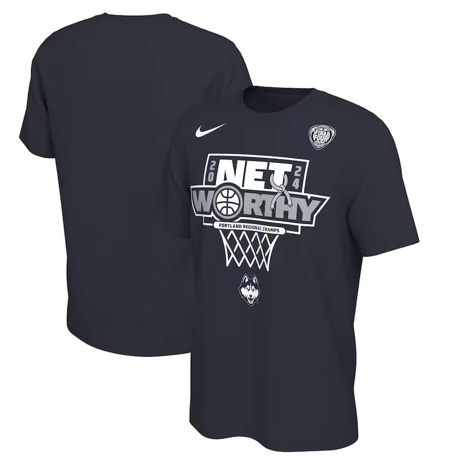 UConn Huskies Nike Unisex 2024 NCAA Women's Basketball Tournament March Madness Women's Final Four merchandise Locker Room T-Shirt - Navy colored on a white background.