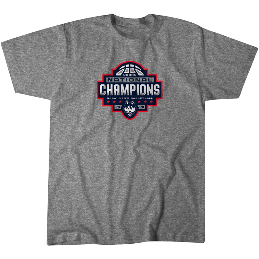 UConn Men's Basketball 2024 National Champions Logo T-Shirt - Heathered Gray color on a white background.