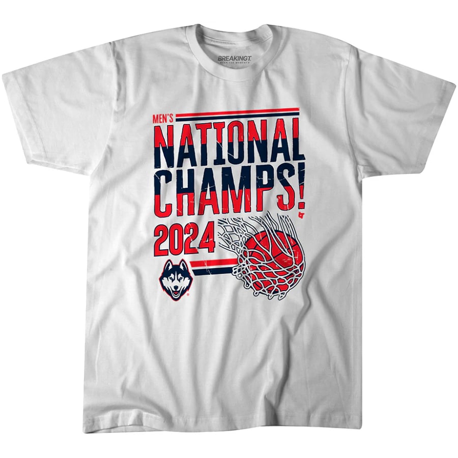 UConn Men's Basketball 2024 National Champions Swish T-Shirt - White color on a white background.