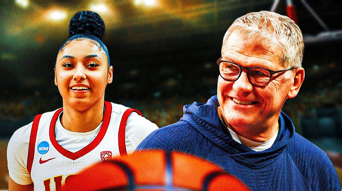 UConn women's basketball head coach Geno Auriemma next to USC Trojans star Juju Watkins in front of the Moda Center.