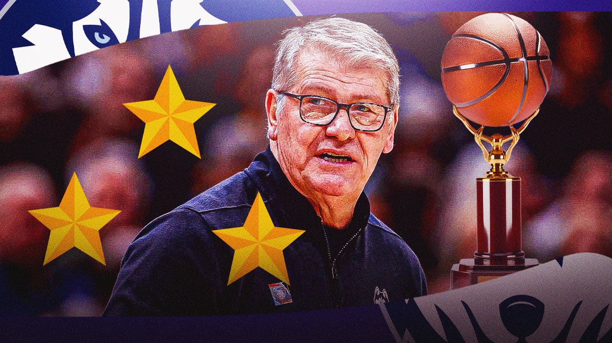 UConn women's basketball Coach Geno Auriemma, with stars and around him and a trophy