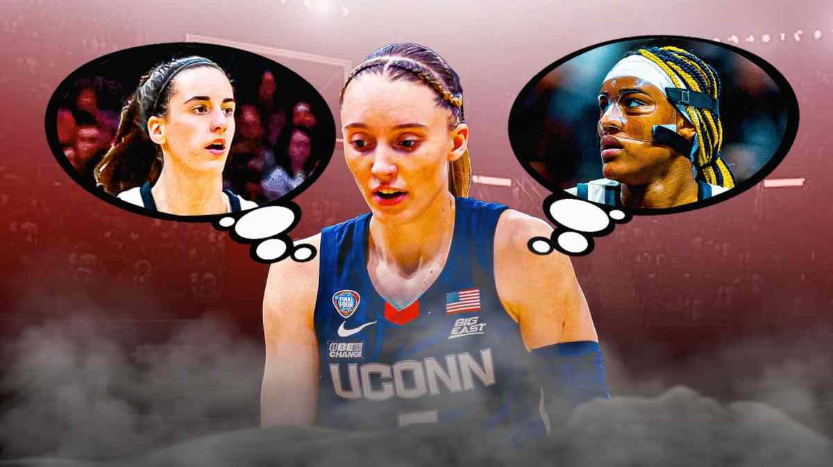 UConn's Paige Bueckers looking sad, with two thought bubbles, one containing image of Iowa's Caitlin Clark and one containing image of Aaliyah Edwards