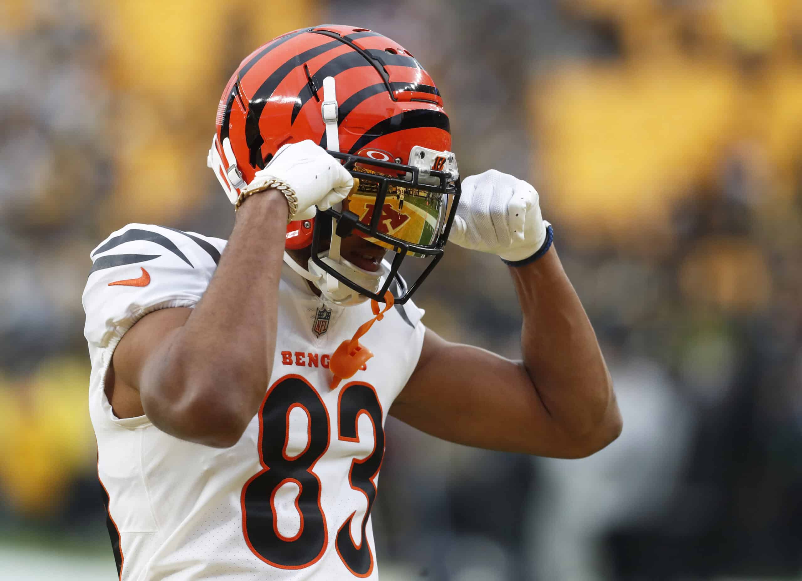Dec 23, 2023; Pittsburgh, Pennsylvania, USA; Cincinnati Bengals wide receiver Tyler Boyd (83) reacts during warm ups before the game against the Pittsburgh Steelers at Acrisure Stadium. 