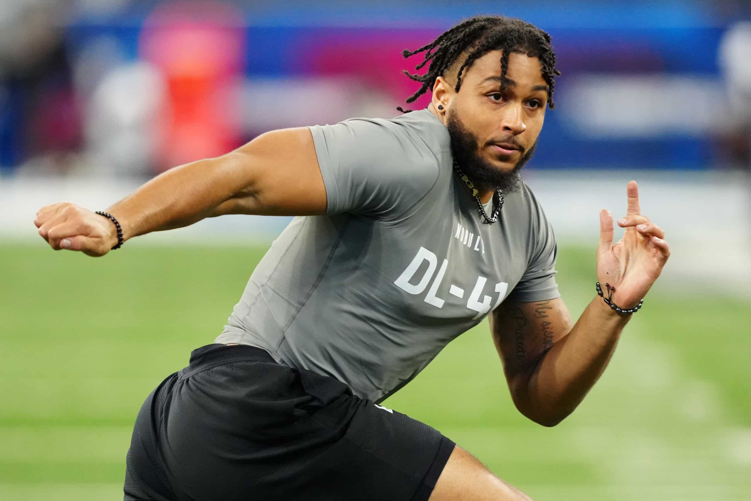 Feb 29, 2024; Indianapolis, IN, USA; Western Michigan defensive lineman Marshawn Kneeland (DL41) works out during the 2024 NFL Combine at Lucas Oil Stadium. 