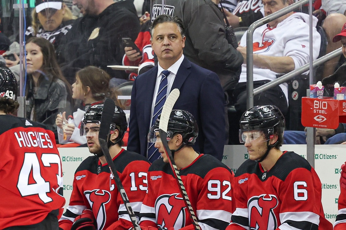 New Jersey Devils interim head coach Travis Green looks on during the second period against the St. Louis Blues at Prudential Center.