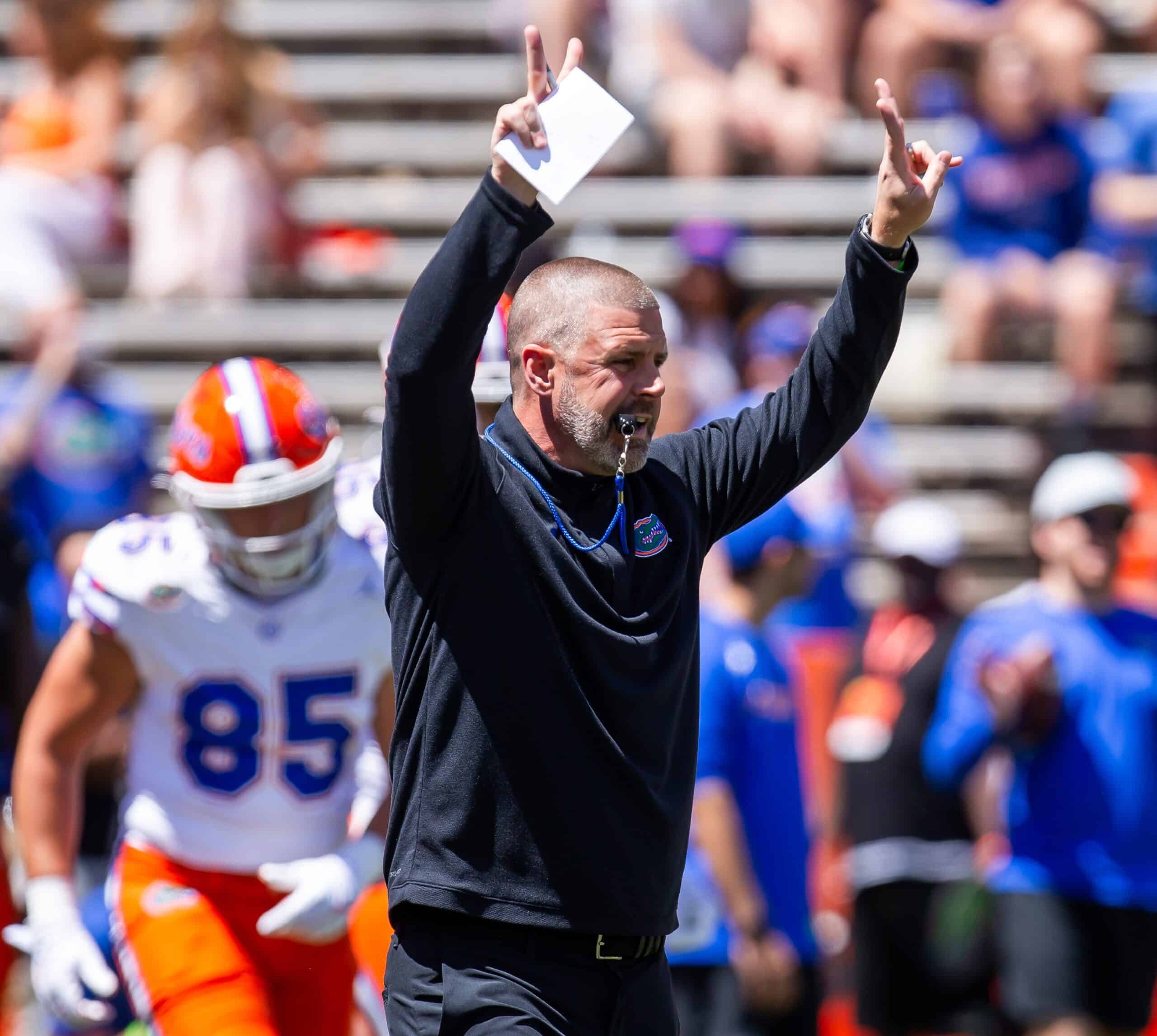 Florida Gators head coach Billy Napier blows his whistle during warm ups before the Orange and Blue game at Ben Hill Griffin Stadium in Gainesville, FL on Saturday, April 13, 2024