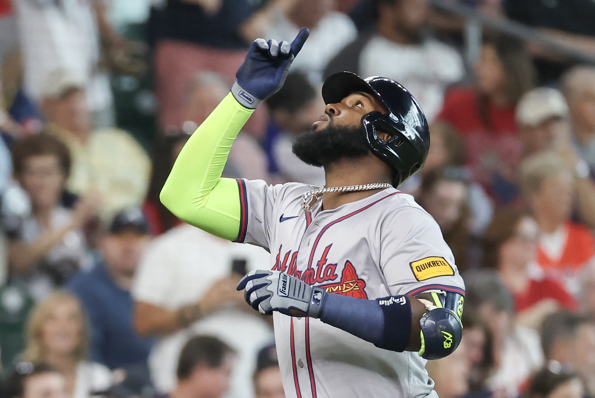 Apr 17, 2024; Houston, Texas, USA; Atlanta Braves designated hitter Marcell Ozuna (20) celebrates his home run against the Houston Astros in the second inning at Minute Maid Park. 
