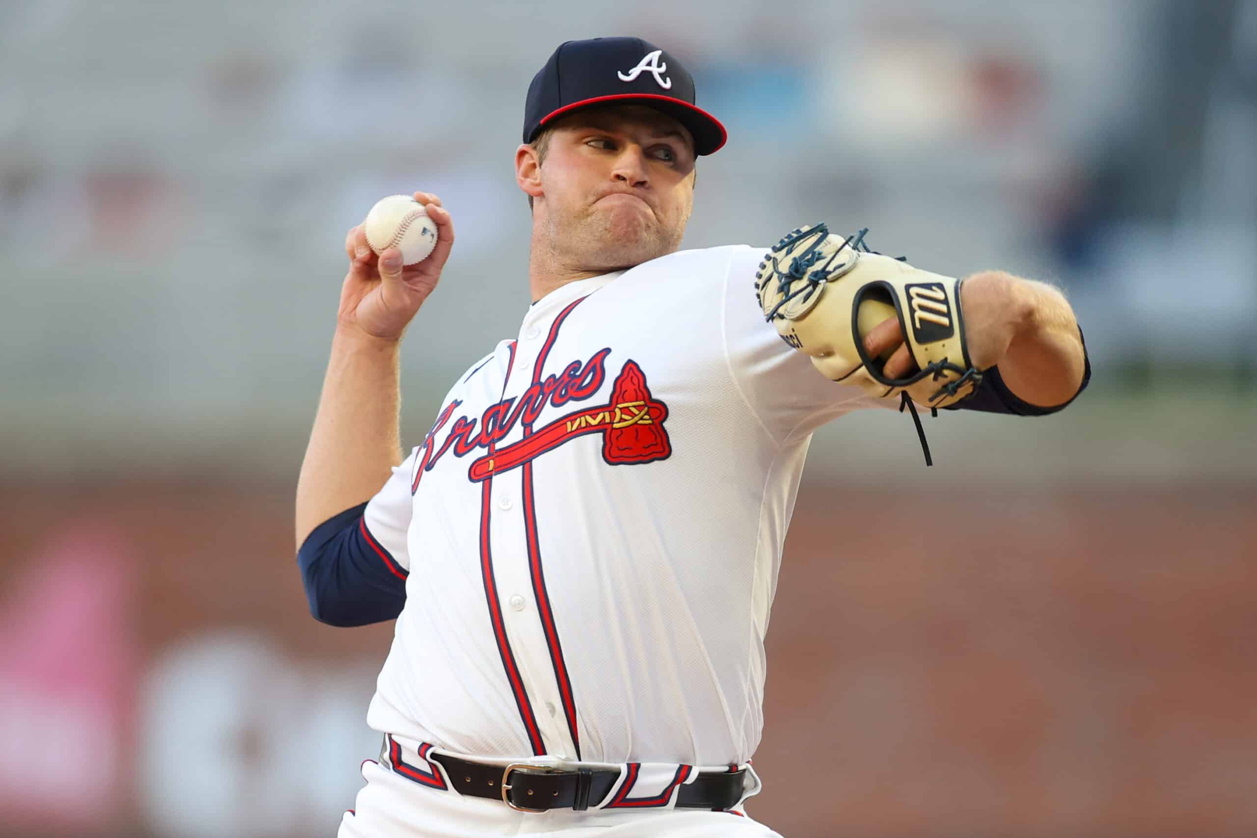 Apr 22, 2024; Atlanta, Georgia, USA; Atlanta Braves starting pitcher Bryce Elder (55) throws against the Miami Marlins in the first inning at Truist Park.