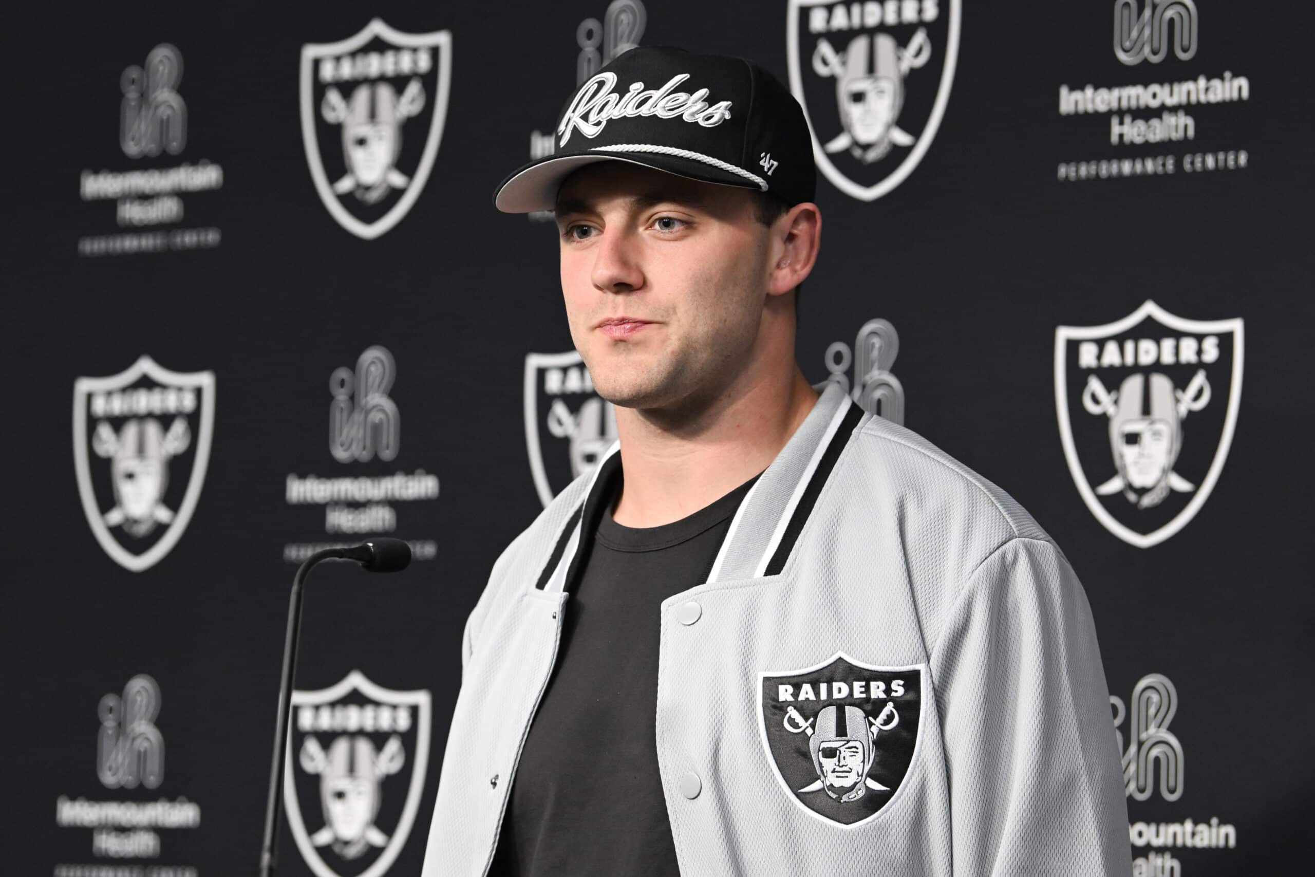 Apr 26, 2024; Henderson, NV, USA; Las Vegas Raiders tight end Brock Bowers speaks to the media at Intermountain Health Performance Center in Henderson, NV. 