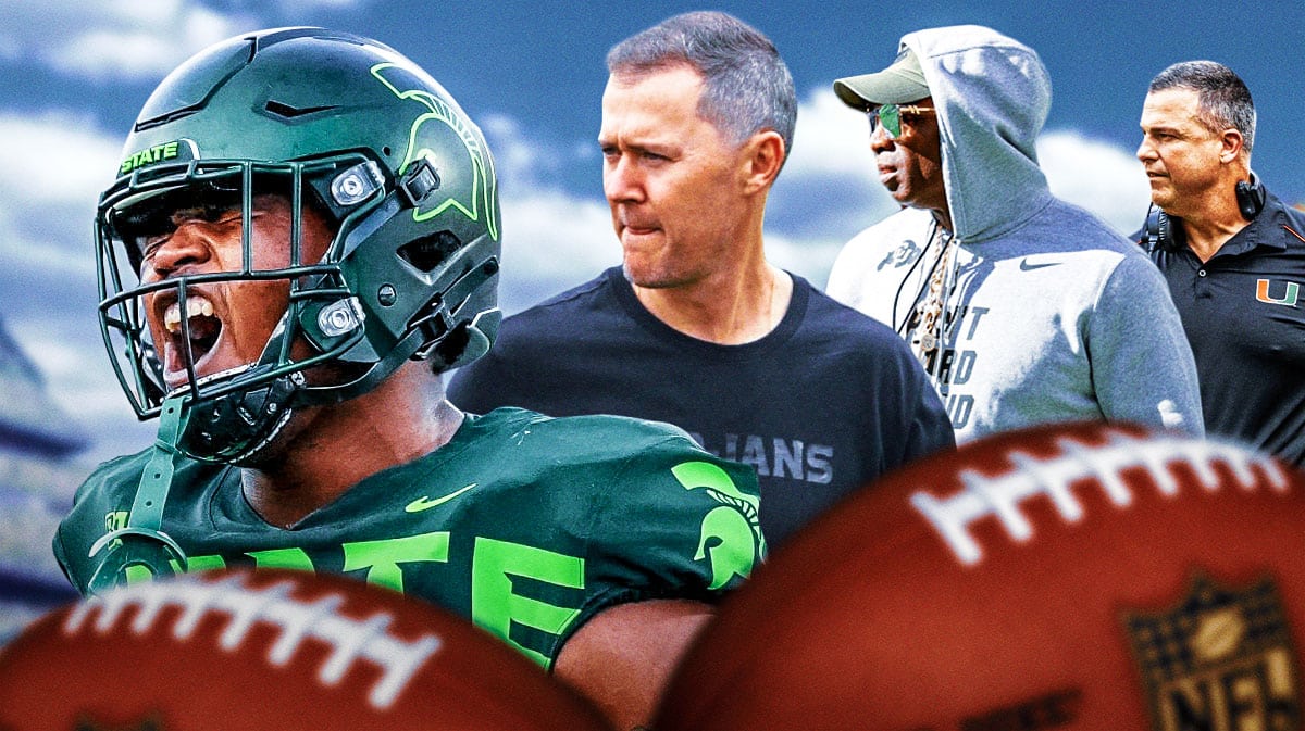 USC coach Lincol Riley, Colorado coach Deion Sanders, Miami coach Mario Cristobal looking at Michigan State transfer Derrick Harmon.