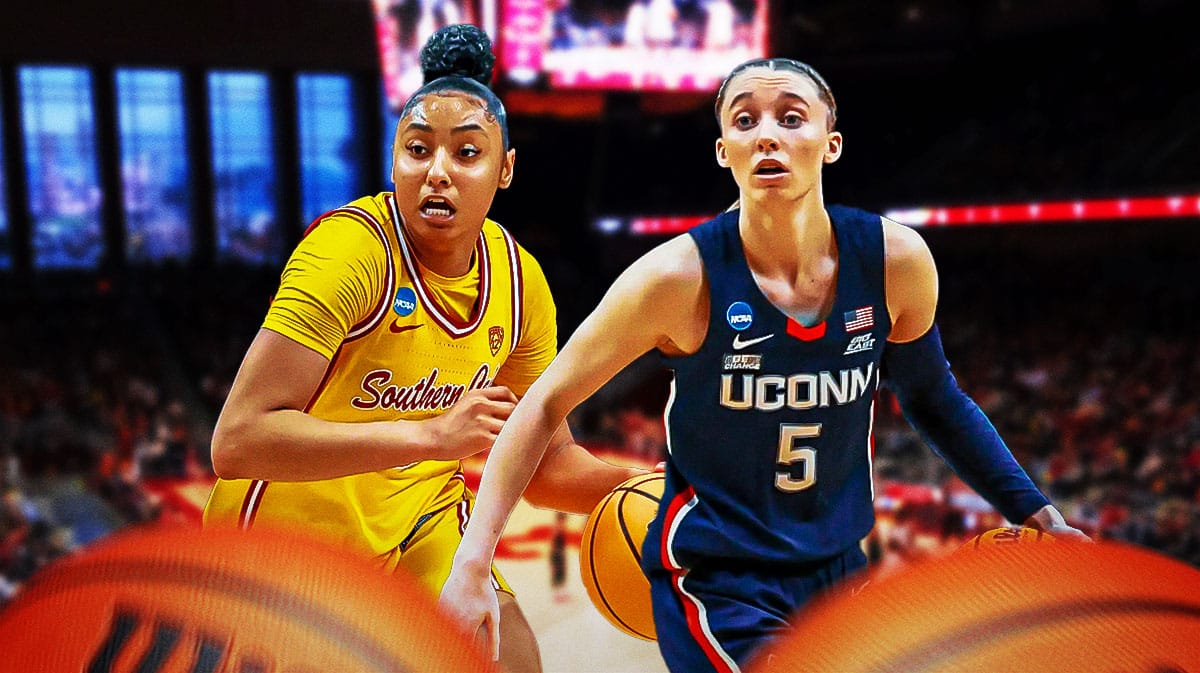 USC women's basketball, Huskies, UConn women's basketball, Paige Bueckers, JuJu Watkins, Paige Bueckers and JuJu Watkins with USC basketball arena in the background
