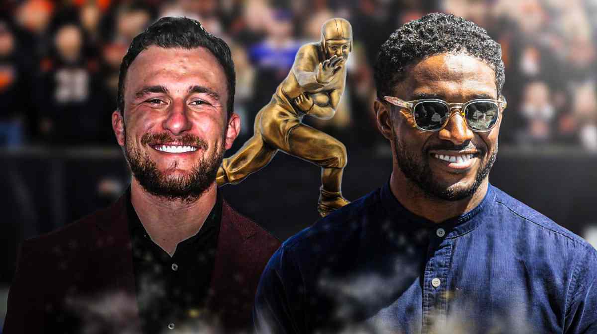 Reggie Bush, USC football, Heisman, Trojans, Johnny Manziel, Johnny Manziel and Reggie Bush with Heisman Trophy logo in the background