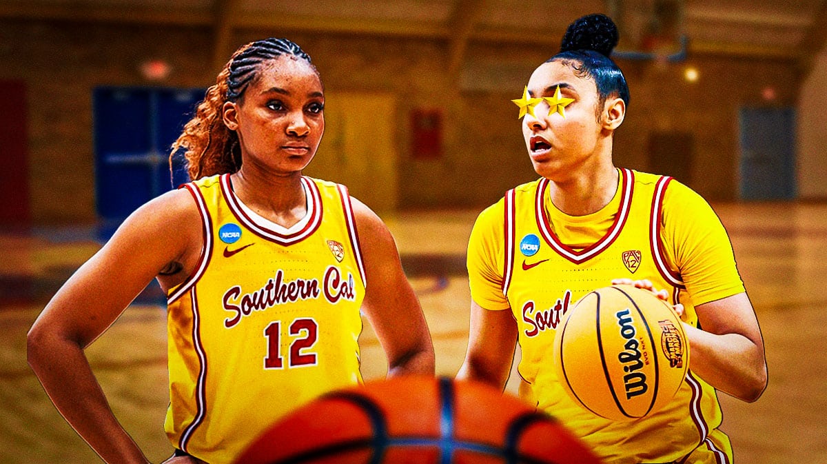 USC women's basketball players Kiki Iriafen and JuJu Watkins, with stars in Watkins eyes