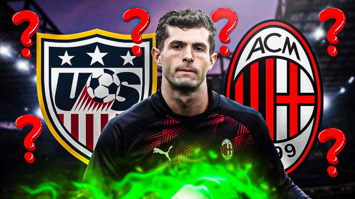 Christian Pulisic looking down in front of the USMNT and AC Milan logos, questionmarks in the air around him