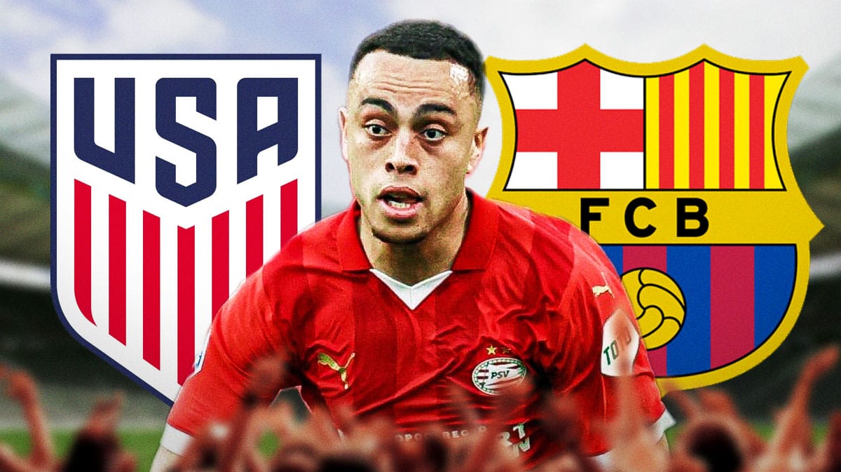 Sergino Dest in front of the USMNT and Barcelona logos