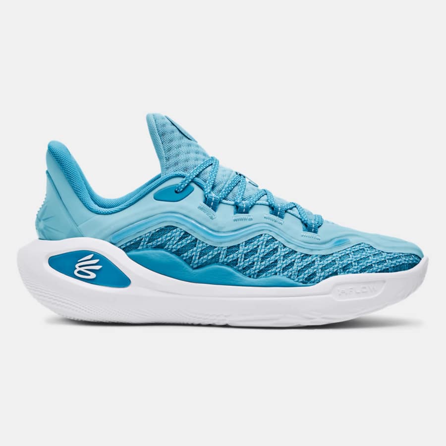 Under Armour Unisex Curry 11 'Mouthguard' Basketball Shoes -Sky Blue/Capri/White colorway on a light gray background.