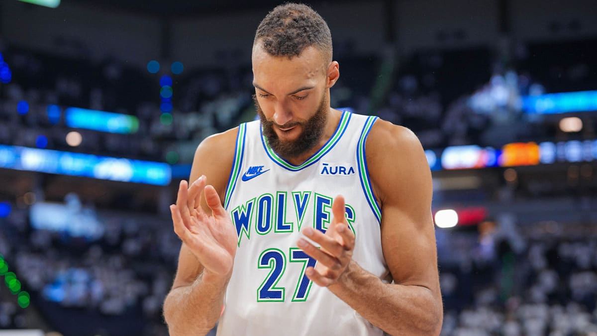 Minnesota Timberwolves center Rudy Gobert (27) celebrates after the game against the Phoenix Suns during game two of the first round for the 2024 NBA playoffs at Target Center