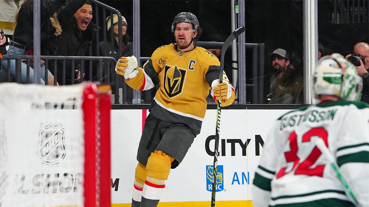 Vegas Golden Knights right wing Mark Stone (61) celebrates after scoring a goal against the Minnesota Wild during the third period at T-Mobile Arena.