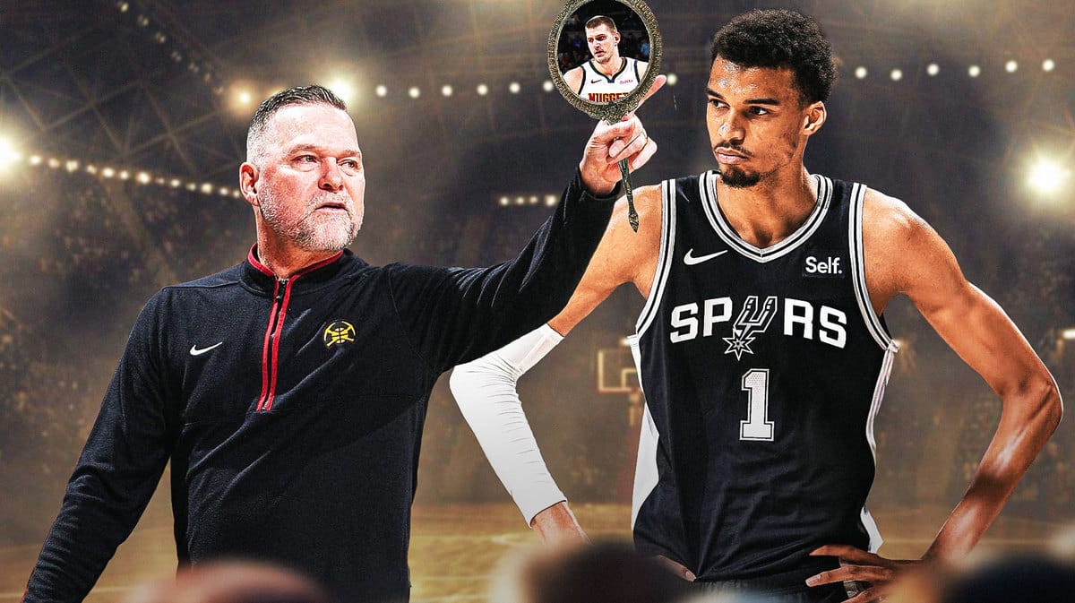 Nuggets' head coach holding a mirror in front of Spurs' Victor Wembanyama, but with Nikola Jokic as the reflection