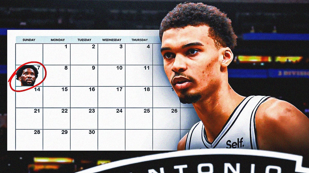Spurs' Victor Wembanyama looking at a calendar with Joel Embiid on it