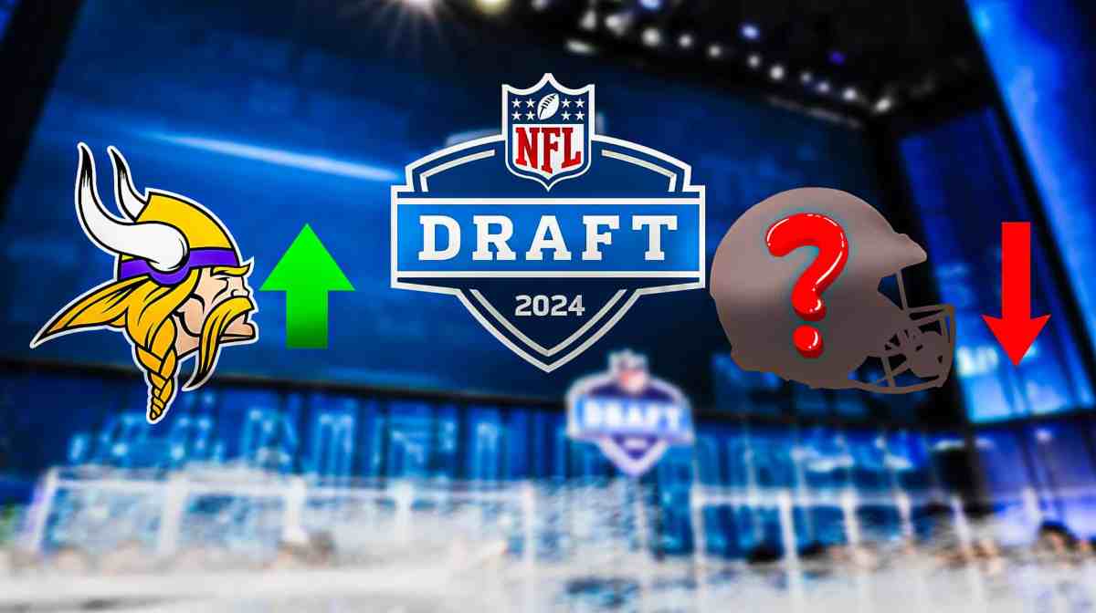 The logo for the 2024 NFL Draft is in the middle of the image. On the left side is a logo of the Minnesota Vikings with a green up arrow next to it. On the right side is a silhouette of an American football helmet with a question mark inside it. There is a red down arrow next to the helmet.