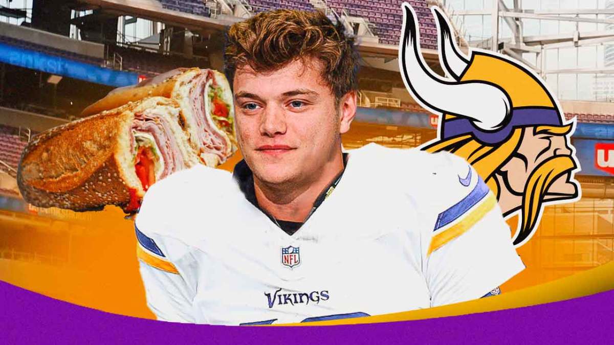 Michigan football's JJ McCarthy in Vikings jersey after NFL Draft, deli sandwich in background