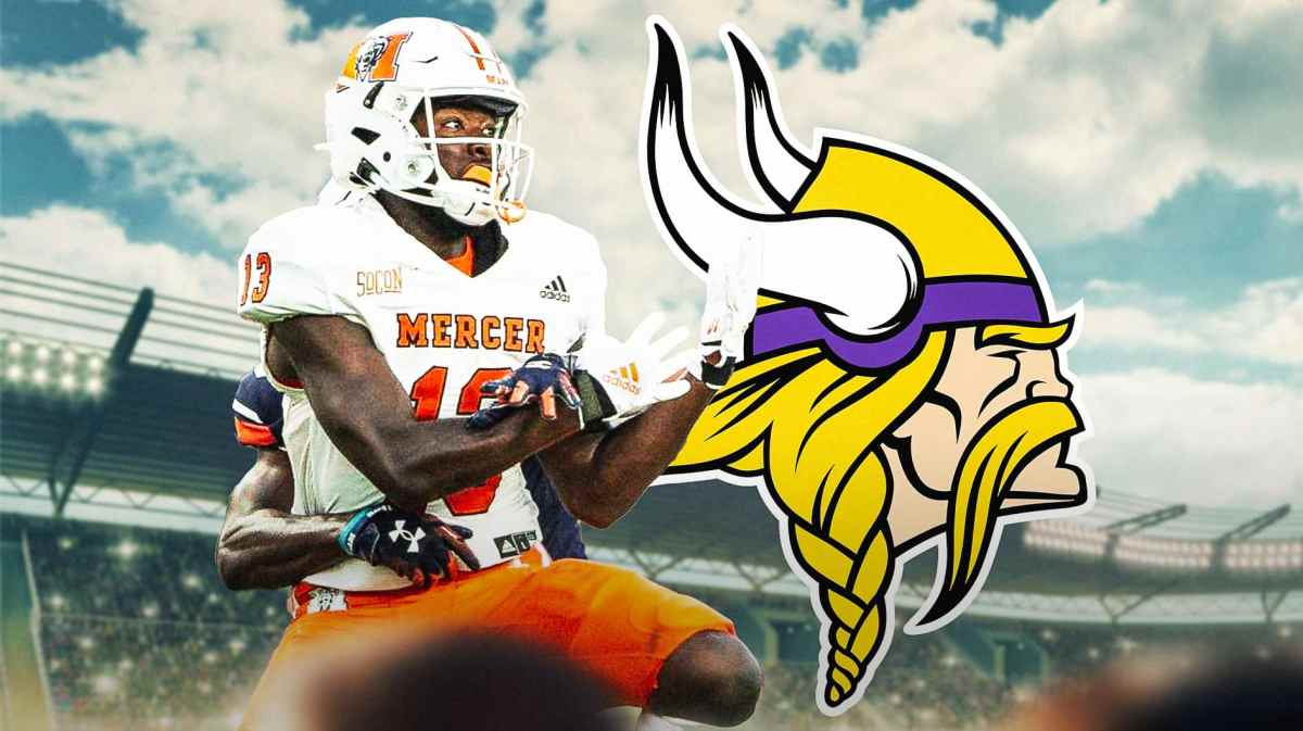 Ty James stands next to Vikings logo, Bears fans, JJ McCarthy, NFL Draft reporters in stands