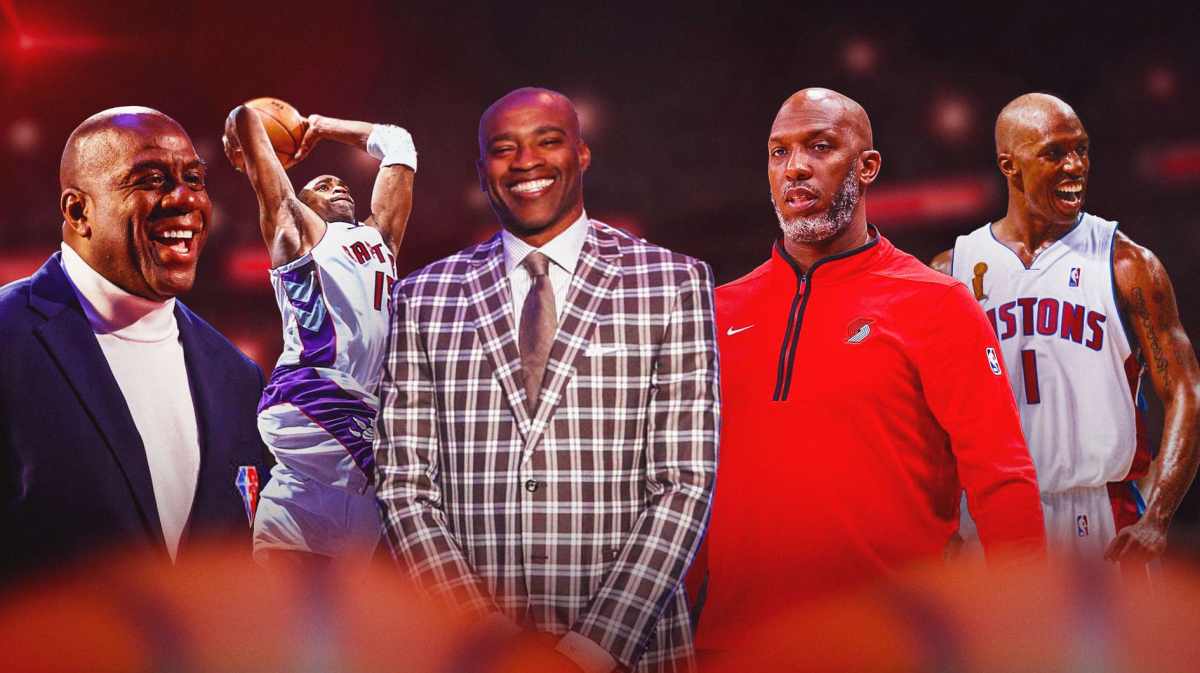 Magic Johnson smiling at Vince Carter and Chauncey Billups (current), with a pic of Carter dunking (2001 Raptors version) beside the current pic of Carter, and a pic of Billups celebrating (2004 Pistons version) beside the current pic of Billups