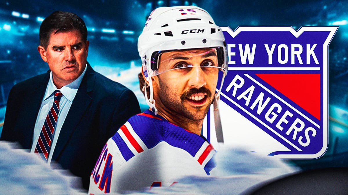 Vincent Trocheck in middle of image looking happy with fire around him, Peter Laviolette in image looking impressed, NY Rangers logo, hockey rink in background