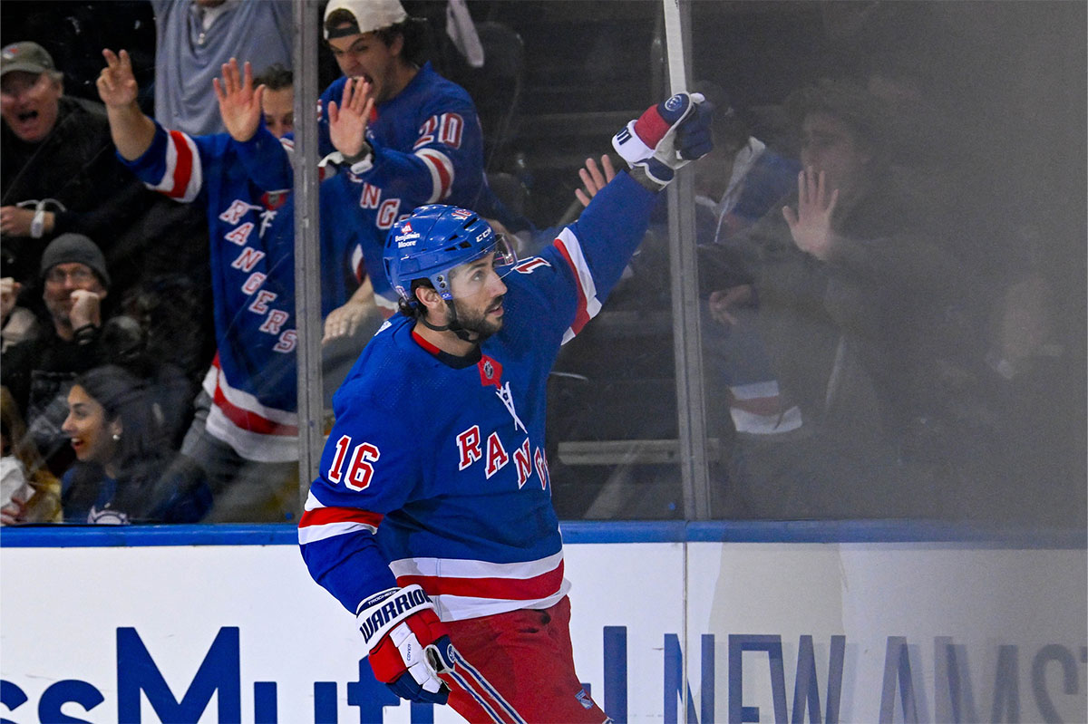 New York Rangers center Vincent Trocheck (16) celebrates his goal against the Washington Capitals during the first period in game two of the first round of the 2024 Stanley Cup Playoffs at Madison Square Garden.