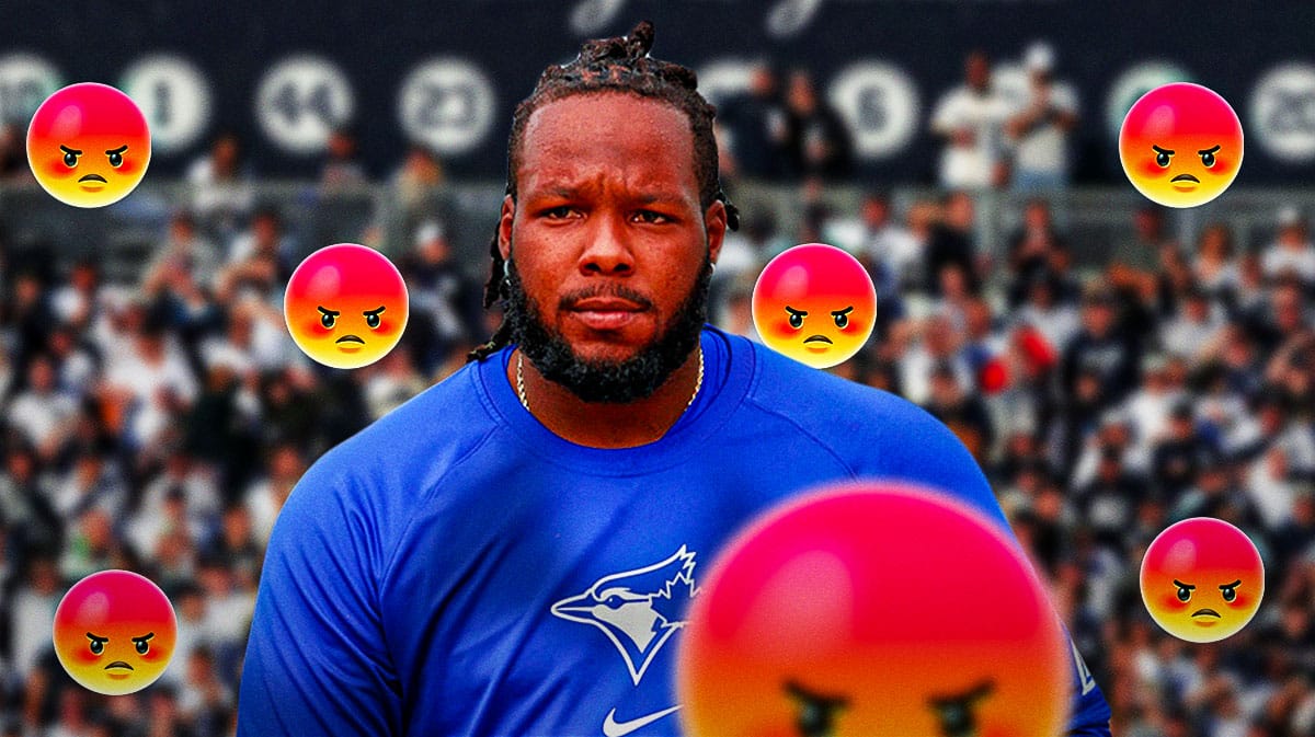Vladimir Guerrero Jr. on one side, a bunch of New York Yankees fans on the other side with angry emojis around them