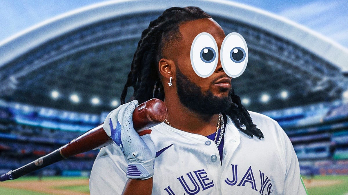 Photo: Vladimir Guerrero Jr looking disappointed in Blue Jays jersey, have peeping eyes around him and Rogers Centre as background.