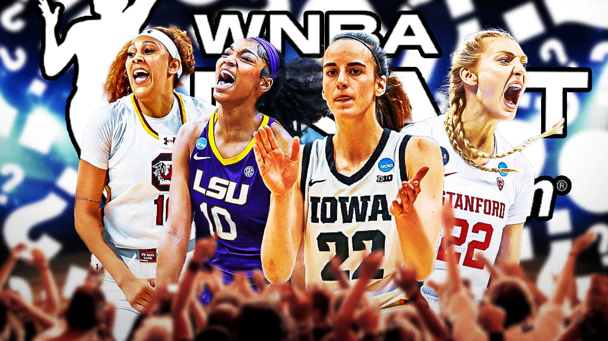 Caitlin Clark, Angel Reese, Cameron Brink, Kamilla Cardoso all together with WNBA Draft logo in front. Question marks all around the graphic.