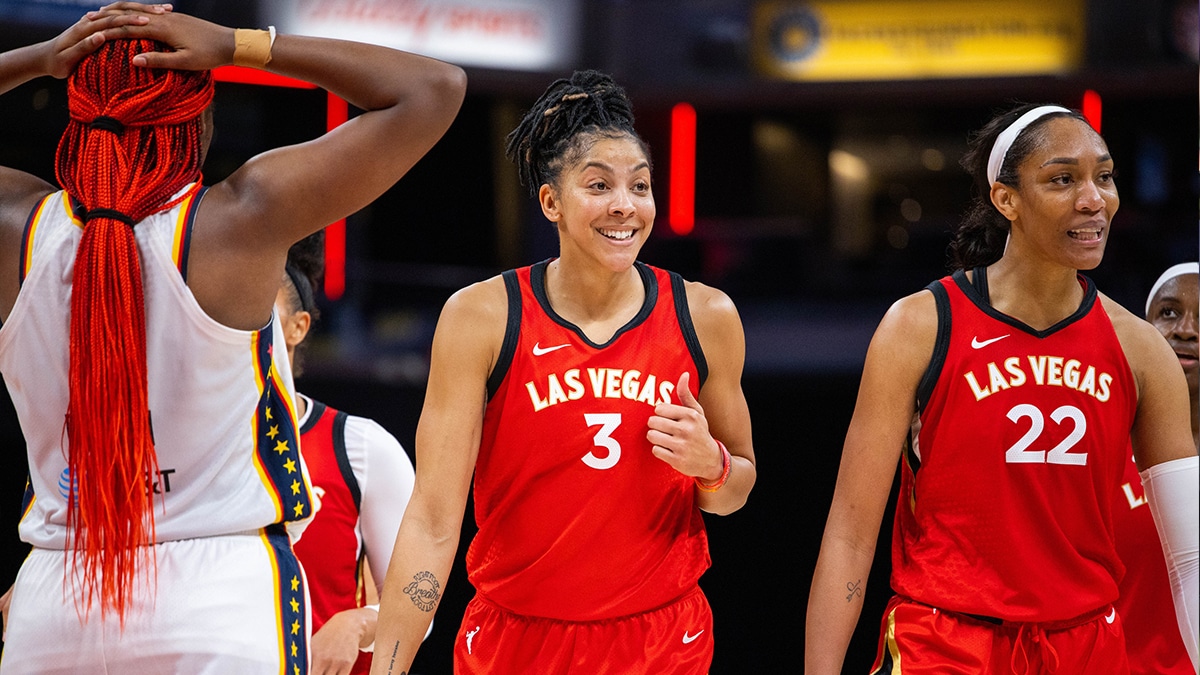 Las Vegas Aces forward Candace Parker (3) celebrates the win against the Indiana Fever.