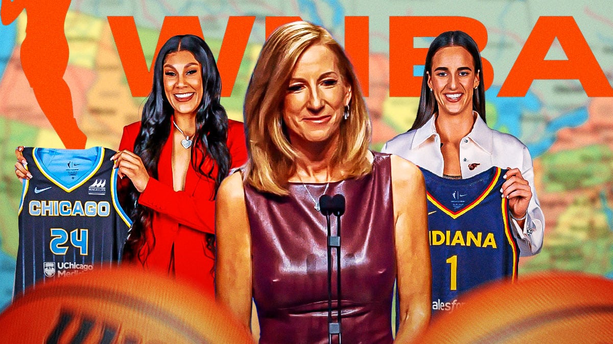 WNBA Commissioner Cathy Engelbert, Indiana Fever player Caitlin Clark and Chicago Sky player Kamilla Cardoso, with the WNBA logo behind them and a map of the United States