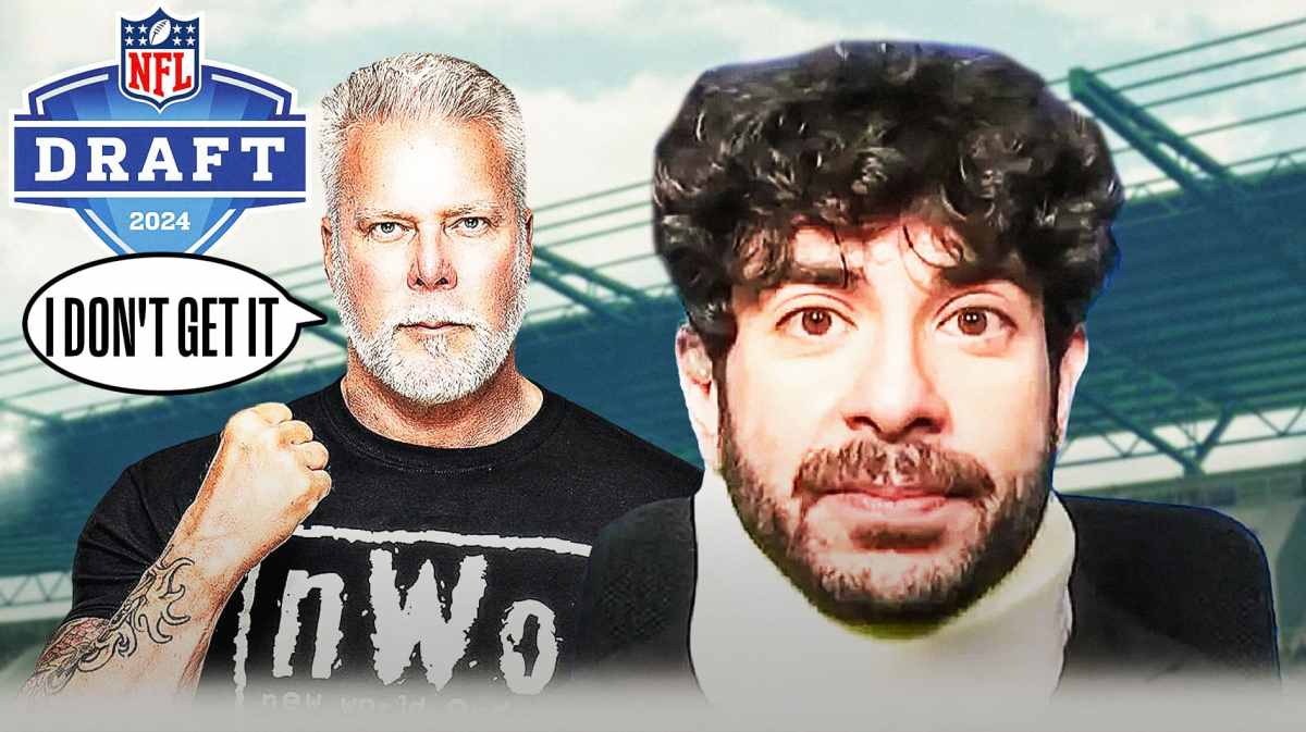 Kevin Nash with a text bubble reading "I don't get it" next to neck brace Tony Khan with the NFL Draft logo as the background.