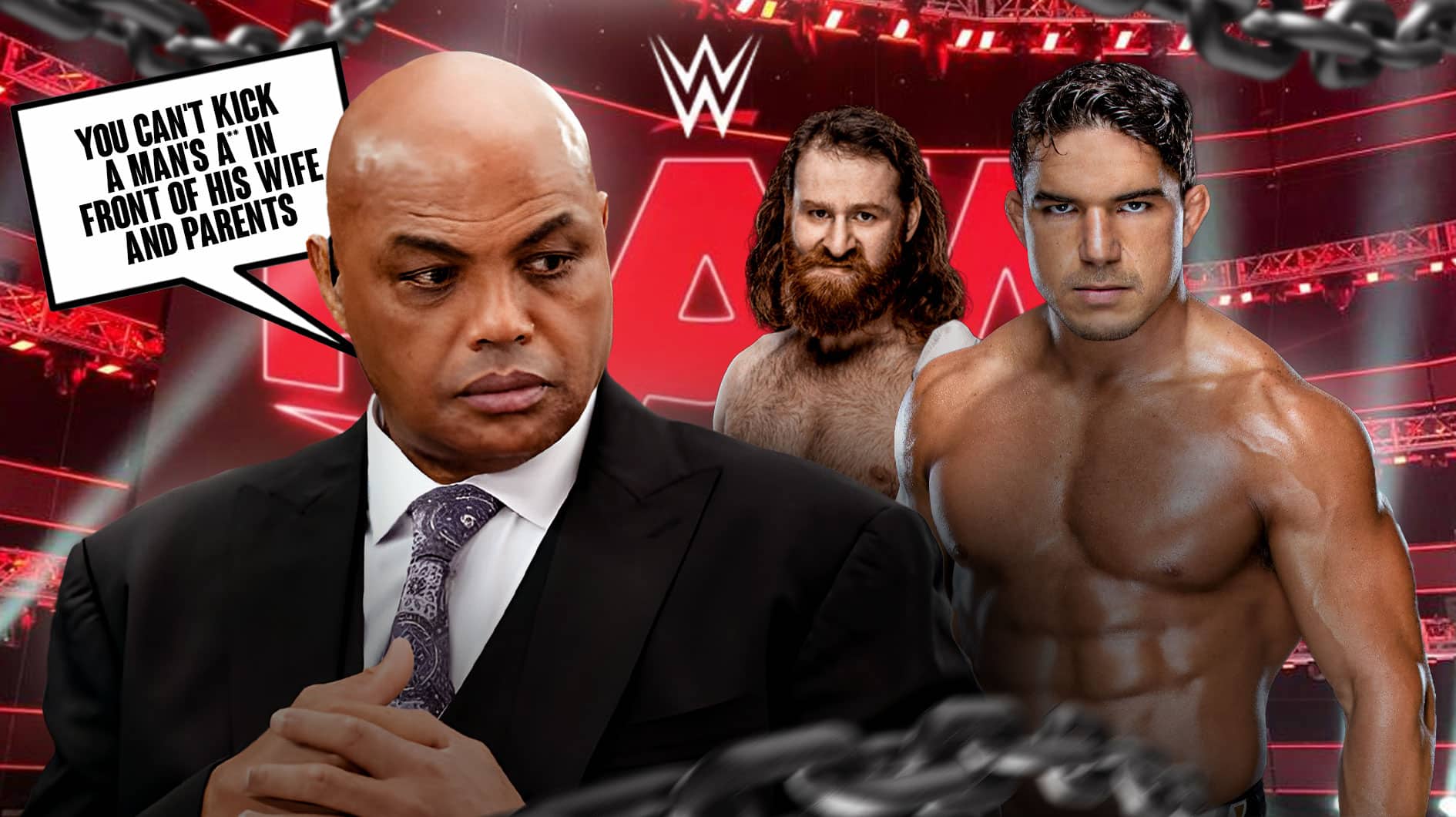 Charley Barkley with a text bubble reading "You can't kick a man's a** in front of his wife and parents" next to Sami Zayn and Chad Gable with the RAW logo as the background.