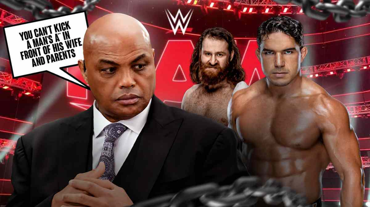 Charley Barkley with a text bubble reading "You can't kick a man's a** in front of his wife and parents" next to Sami Zayn and Chad Gable with the RAW logo as the background.