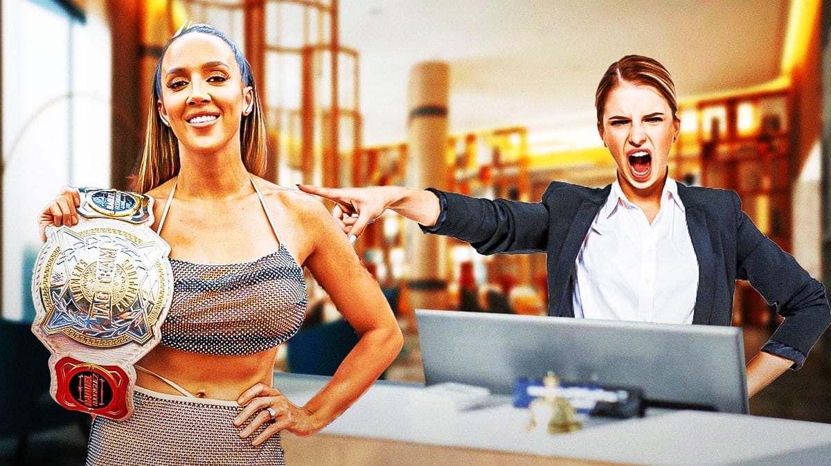 WWE superstar Chelsea Green in the lobby of a nice hotel with a hotel front desk person or a bellhop looking mad/scolding her.