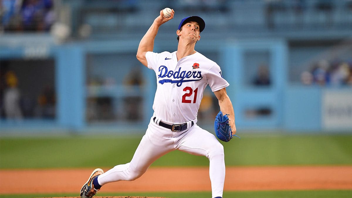 Los Angeles Dodgers starting pitcher Walker Buehler (21) throws against the Pittsburgh Pirates during the second inning at Dodger Stadium.