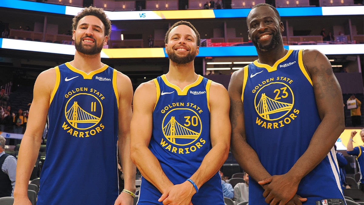 Golden State Warriors guard Klay Thompson (11), guard Stephen Curry (30) and forward Draymond Green (23) after the game against the Los Angeles Clippers at Chase Center.