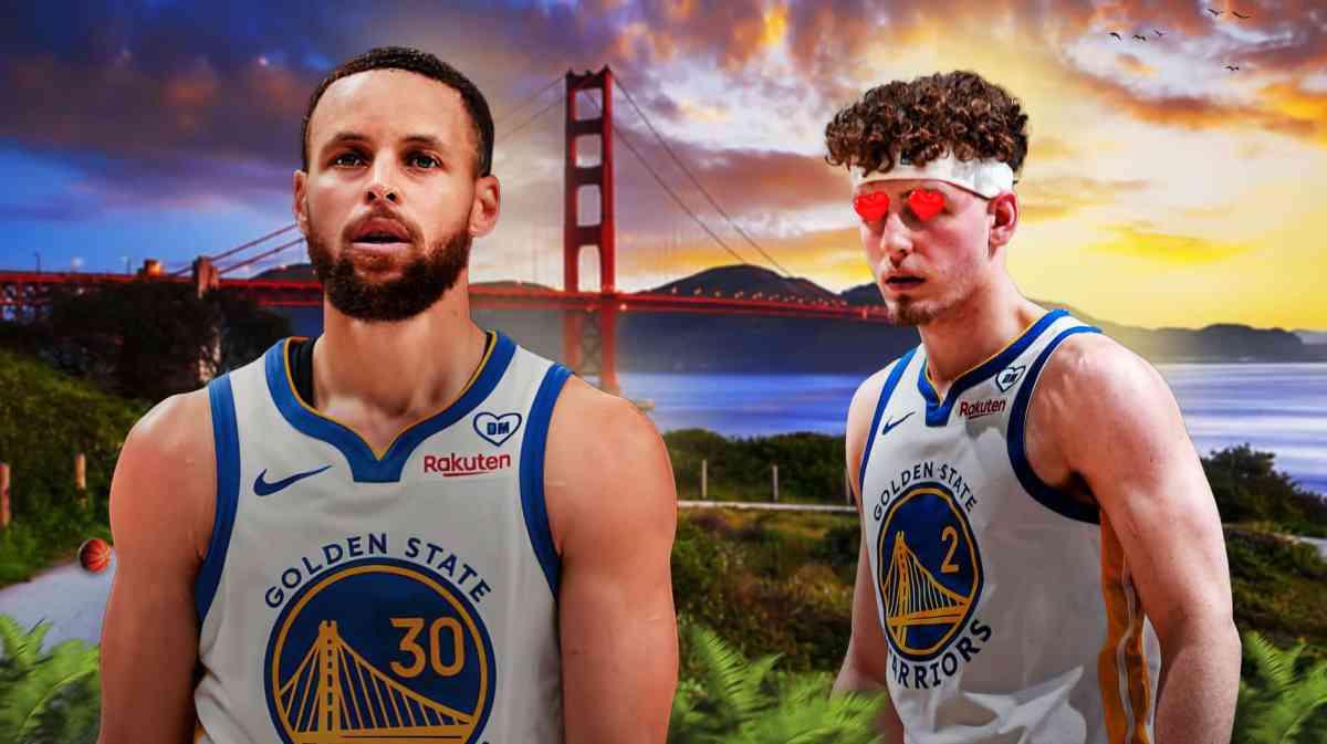 Brandin Podziemski with heart eyes looking at Stephen Curry