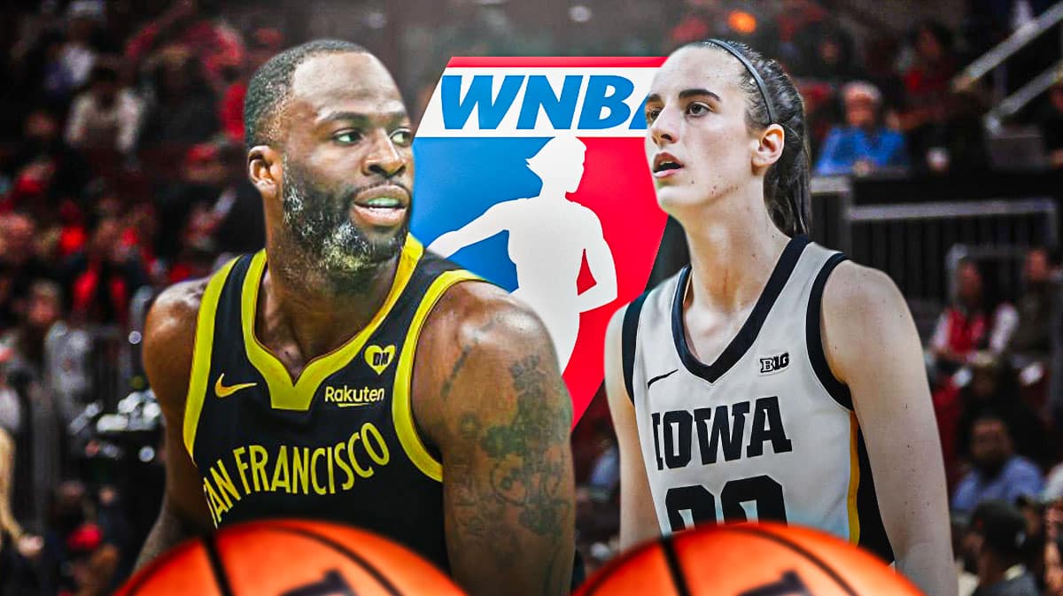 Warriors, Caitlin Clark, Draymond Green, Iowa women's basketball, Fever, Draymond Green and Caitlin Clark with WNBA logo in the background