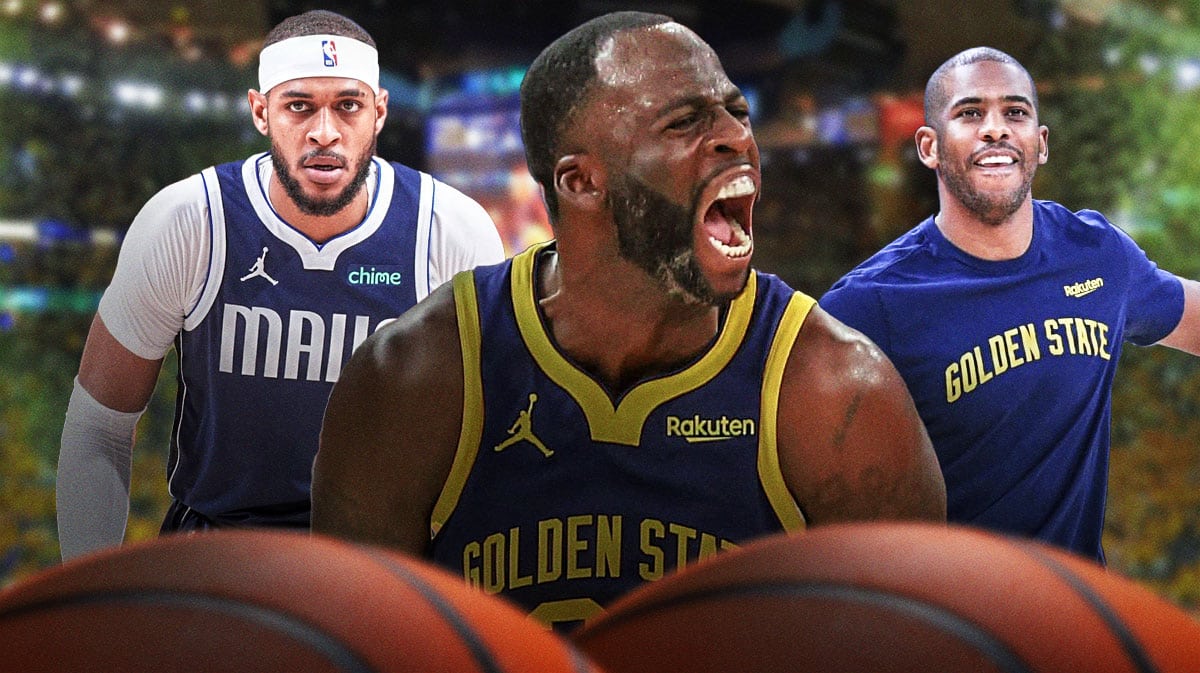 Warriors' Draymond Green hyped up with a dejected Mavericks' Daniel Gafford beside him, with Chris Paul smiling at Green