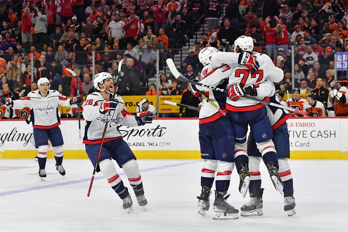 Washington Capitals right wing T.J. Oshie (77) celebrates his goal with teammates against the Philadelphia Flyers during the third period at Wells Fargo Center.